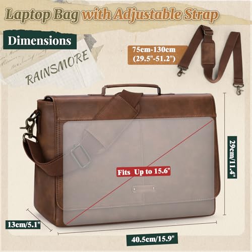 RAINSMORE Men's Messenger Bag, 15.6 Inch Laptop Briefcase in Vegan Leather Vintage Waterproof, Professional Messenger Bag for Office, College and Travel, brown, Retro
