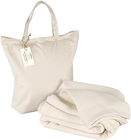 LIFEKIND Organic Cotton Thermal Twin Blanket with Bag (Ivory) Mini Square Weave