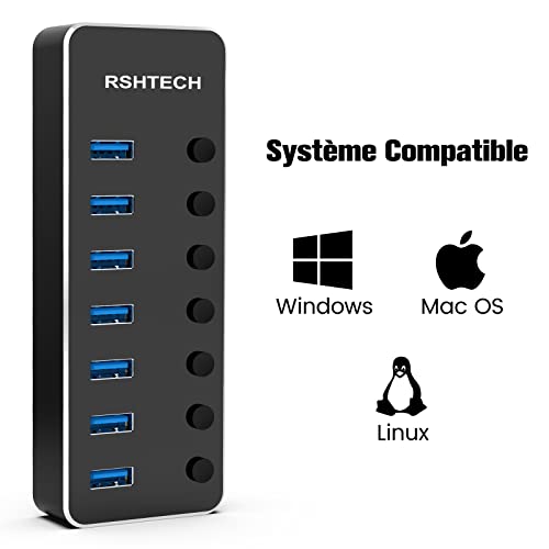 USB Powered Hub, RSHTECH Aluminium USB Hub 3.0 with 7 Ports USB 3.0 Multi-Socket with 5V/2A External Power Supply, Multi Port Hub, 5Gbps, Individual Switches and LED Indicator-Black (RSH-518)
