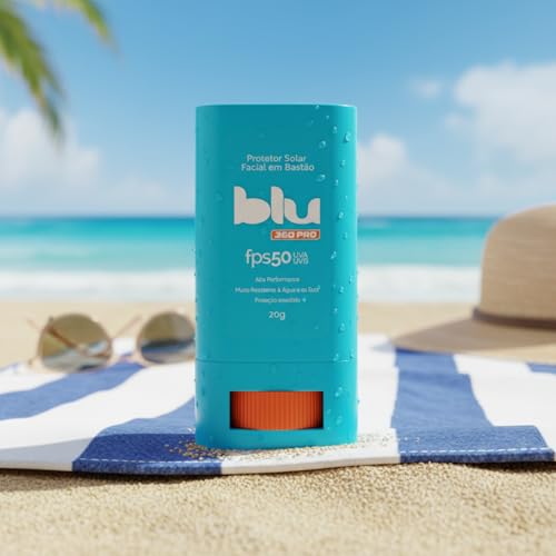 Protetor Solar Blu 360pro Bastão Bege FPS 50 Esporte, ideal para surf 20g e esportes aquáticos, proteção resistente ao suor, prática aplicação UVA UVB diária.
