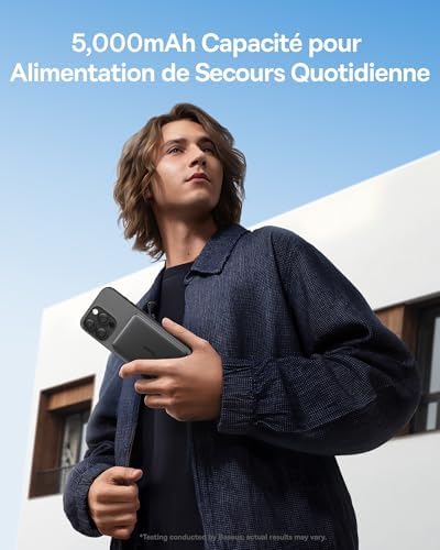 Picogo AM41 Powerbank, Ultra Slim 5000mAh Magsafe Powerbank, Charge Rapide PD 20 W, Portable, Batterie Externe Magnétique sans Fil avec câble USB-C pour iPhone 17/16/15/14/13/12, Noir