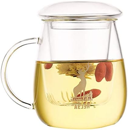 Glass Tea Infuser Cup/Mug/Maker with Lid, Strainer & Handle 17oz/500ml, Borosilicate Glass Teapot-For-One Set for Loose Teas & Flowers, Elk Pattern, Gift Box Package