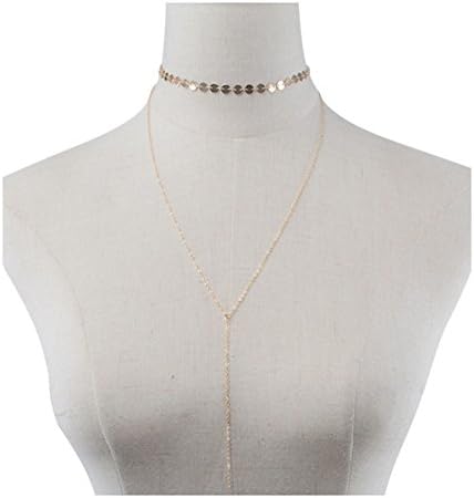 Tupai Fashion Women Girls Thin Layered Sequins Choker Necklace Lady Long Chain Pendant Necklace (gold)