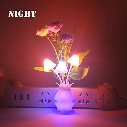 Warmstor 2 PCS Jasmine Flower Plug In 7-Color Changing Dusk to Dawn LED Mushroom Night Light Wall Light (Pink & Purple) - Thumbnail 3