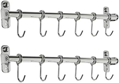 BAOEF Kitchen Sliding Hooks, Solid Stainless Steel Hanging Rack Rail with 12 Utensil Removable S Hooks for Towel, Pot Pan, Spoon, Loofah, Bathrobe, Wall Mounted