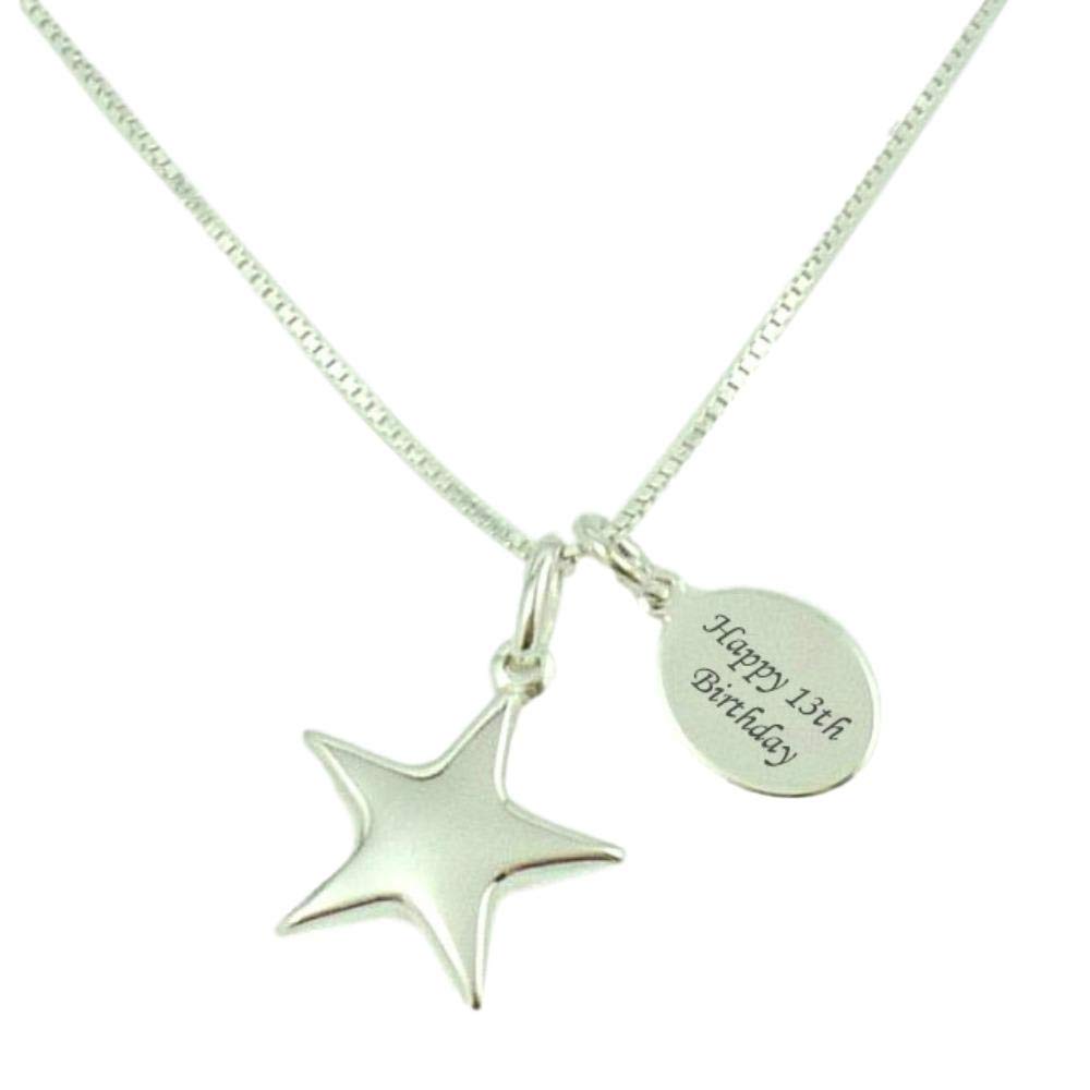 Charming Engraving 13th Necklace, a Lovely Teenager Gift for a Girl, Happy 13th Birthday is Engraved on the featured Sterling Silver tag Hanging alongside the Silver Star Pendant Gift Boxed