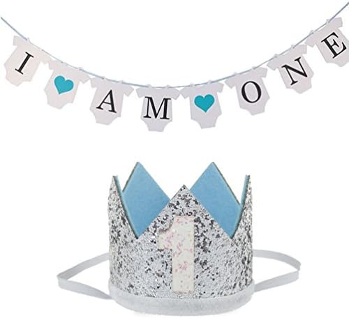 Baby Boys 1st Birthday Crown Hats Headband and I AM ONE First Birthday Banner Party Favours
