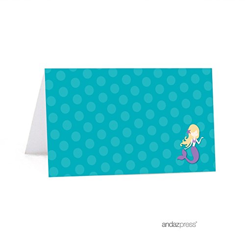 Andaz Press Birthday Printable Table Tent Place Cards, Nautical Ocean Mermaid, 20-Pack, for Dessert Table Candy Buffet Stations