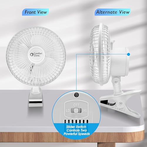 Comfort Zone Portable Clip on Stroller Fan, 6 inch with Fully Adjustable Tilt, Quiet 2 Speed Bedside Fan, Mini Desk Fan, Table Fan, Easily Clip on to Desk, Stroller or Bedroom Nightstand, Black