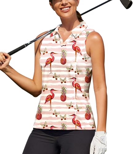 COOrun Sleeveless Golf Shirt for Women Quick Dry Tennis Shirts V Neck Polo Shirts with Collar Slim Fit Golf Clothing,Red Crowned Crane XS at Amazon