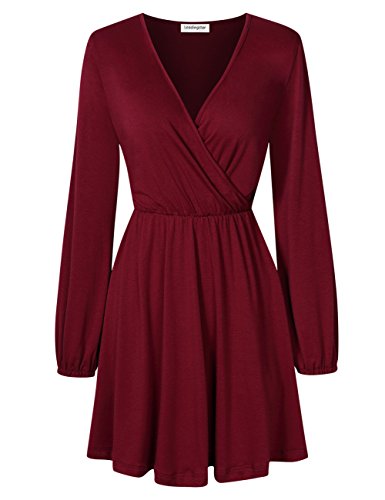 Leadingstar Women Long Sleeve V-Neck Elastic Waist Wrap Solid Fit and Flare Mini Dress Burgundy S