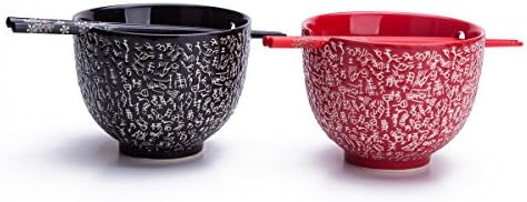 2 Rice / Soup / Noodle Bowls & 2 Paris Of Chopsticks Dinnerware Set Red & Black, Chinese Calligraphy Design