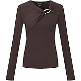 URBAN REVIVO Women's Asymmetrical Neck Knot Front T-Shirts Long Sleeve Shirts Slim Fitted Ruched Trendy Going Out Tops 2026
