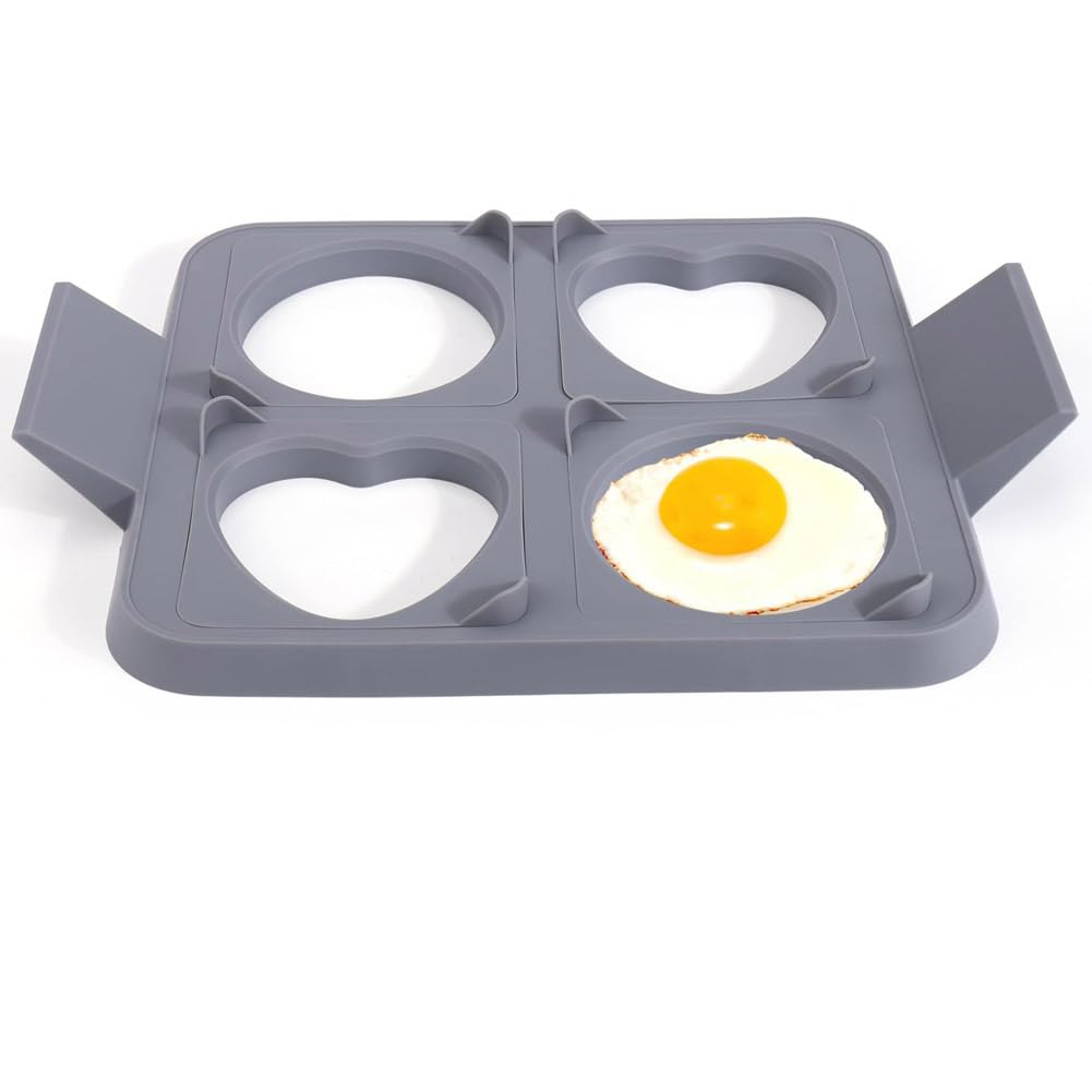 Hopbucan Egg Rings for Frying Eggs, 3In1 Silicone Round Square Heart Fried Egg Cooker Ring for, Griddle Egg Ring Tray, 1 PCS Grey Silica Gel