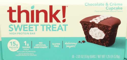 THINK! PROTEIN BARS, HIGH PROTEIN SNACKS, GLUTEN FREE, KOSHER FRIENDLY, SWEET TREAT, CHOCOLATE & CREME CUPCAKE, 10 COUNT