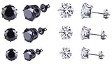 Areke Unisex Stainless Steel Stud Earrings - Mens Womens Round Cubic Zirconia Earring - 6 Pairs Color Black White
