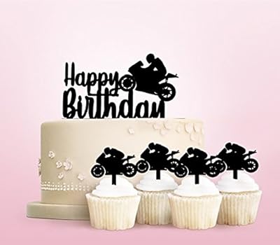 TC0103 Happy Birthday Motorcycle Racing Party Wedding Birthday Acrylic Cake Topper Cupcake Toppers Decor Set 11 pcs