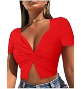 VETIOR Women's Twist Short Sleeve Crop Top V Neck Top Sexy Cleavage Trendy Crop Top Slim Fit