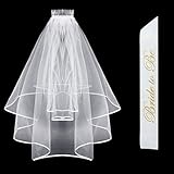 Bride To Be Sash & Bridal Veil with Comb & Ribbon Edge Center Cascade for Bachelorette Party Decoration Supplies, Wedding White
