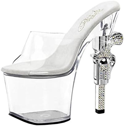 Silver and Clear Ankle Cuff Sandals with Rhinestone and Revolver Shape 7'' Heel Size: 7