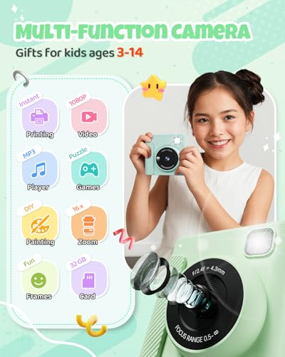TIATUA Camara Fotos Infantil Instantanea, 2,4 Pulgada 1080P Cámara de Fotos Instantánea con Tarjeta de 32 GB y Papel Fotográfico, Regalo para Niños de 3 a 12 Años