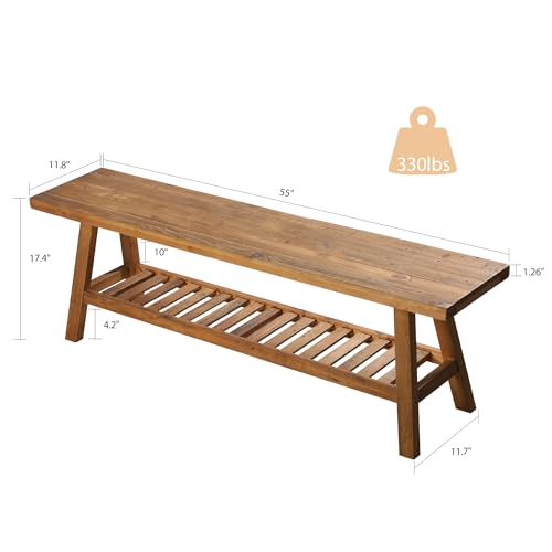 HOKYHOKY Reclaimed Solid Wood Bench-55 Inches Farmhouse Entryway Bench with Storage Shelf, Narrow Rustic Bench for Hallway, Kitchen, Bedroom, Dining