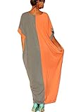 OURS Women's Loose Round Neck Batwing Sleeve Color Block Long Maxi Boho dress (M, Orange and gray)