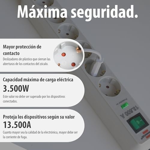 Eco-Line regleta de enchufes con 6 Tomas de Corriente y protección contra sobretensiones (Cable de 1,5 m, Interruptor Iluminado, protección sobretensión hasta 13.500 A) Gris