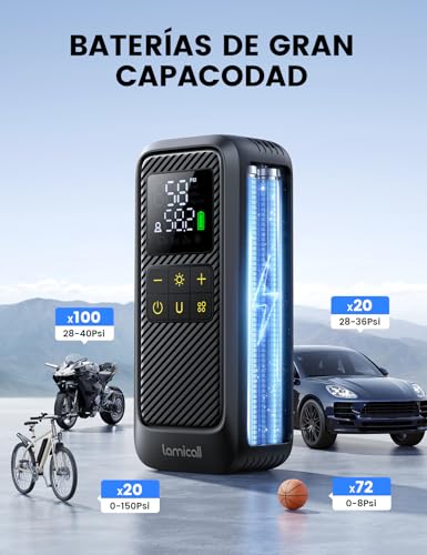Lamicall Compresor de Aire Portatil – [5 Veces Más Rápido] Compresor de 150 PSI, con Pantalla Digital y Luz LED, Apagado Automático Inflador de Llantas para Auto, Moto, Bici y Balones
