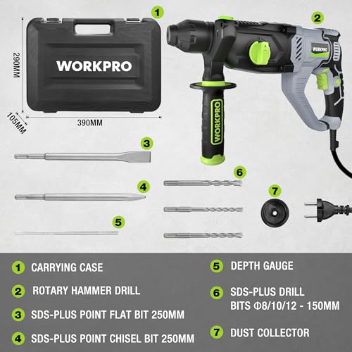 WORKPRO SDS Plus 1050W Hammer Drill with 4 Functions, Variable Speed and 360° Rotating Handle, Includes Drill Bits for Concrete, Wood and Metal