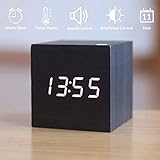 Wooden LED Digital Alarm Clock, Displays Time Date and Temperature, Cube USB Charger/3AAA Battery Powered Sound Control Desk Alarm Clock for Kids, Home, Office, Bedroom, Heavy Sleepers (black)
