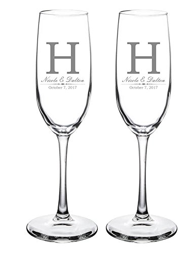 Custom Wedding Champagne Flutes- Set of 2 -Bride and Groom First Names, Last Name Initial Monogram and Wedding Date - Personalized for Bride and Groom - Customized Engraved Wedding Gift