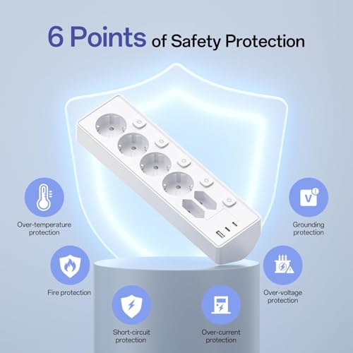 3M Power Strip with USB, 6 Power Sockets and 3 USB, PD 30W Power Strip with Surge Protection, 2 m Electric Power Strip with Switch for Desk, Office, Home