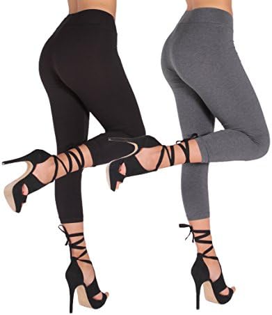 Cotton Spandex Basic Knit Jersey Full or Capri Leggings for Women pack of 2 Yoga Pants (L, Black + Charcoal Capri Cropped)