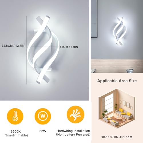 Dorlink Modern LED Wall Light 22W White Spiral Aluminum Modern LED Wall Lamp, 6500K Cool Light Indoor Wall Lighting Fixtures for Bedside, Hallway, Stair, Living Room, Bedroom