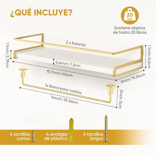 LUMOKU Juego de 2 Repisas Flotantes de Pared,Estantes Flotantes con toallero,Estante de Almacenamiento Repisas para Baño Cocina Cuarto Estar Oficina Dormitorio (Oro Blanco)