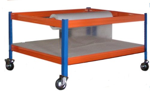 Profi-Verpackungsstation 2, HxBxT: 150x180x120 cm, 300 KG/Holzboden, inkl. Rollwagen 55x80x120 cm, blau/orange (Packtisch Rollenhalter Arbeitstisch Werktisch) – Bild 4
