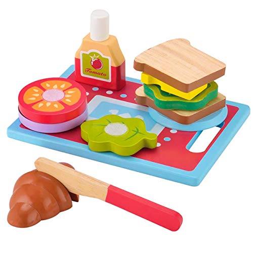 KIDS TOYLAND Wooden Sandwich-Making Set Play Food Set for Kids - Pretend Play Learning Educational Kitchen Toys Toddlers Breakfast Hand-Painted Wooden Pieces (13pcs)