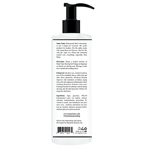 Mane Tame Professional Men's Grooming Shaving Gel, Vintage Collection, Clear Natural Formula with Tea Tree, Aloe Vera, Vitamin E, Professional Barber Quality, Made in USA, 15.8 oz.