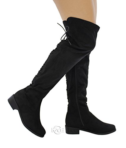 MVE Shoes Women's Back Lace up Fold Cuff Back Tie Flat High Knee Boots, Black Size 8.5