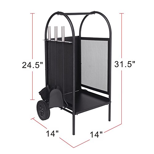 Fireplace Log Holder Rack with 2 Wheels Fireplace Wood Mover Brush Shovel Poker Firepit Firewood Rack Carrier Cut Wood Lumber Stove Storage Stacking Log Bin Stand for Indoor Outdoor,31.5 x 14 x 14in