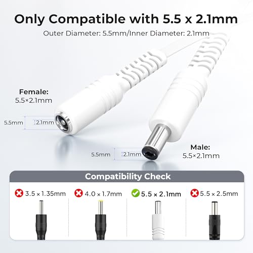 Basesailor 12V DC Extensión Cable 6M 2 Pack,5V 9V DC 2.1mm x 5.5mm 5521 Potencia Suministro Adaptador Plano Extensor Cordón,Mujer a Hombre Alambre para CCTV Security Camera,IP Network Camera,DVRs