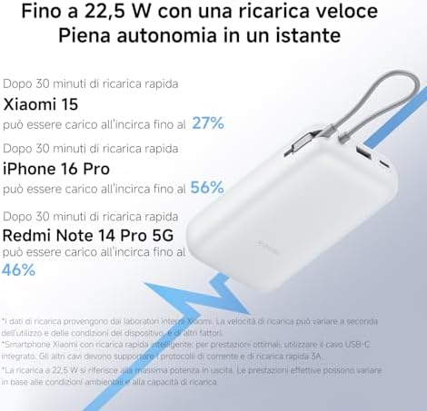 22.5W Power Bank 20000mAh, Cavo Integrato, Grigio