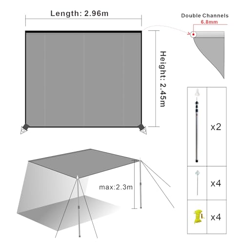 Dulepax Caravan Awnings Universal Sun Canopy for Motorhome 2.96 x 2.45m Campervan Awning 3000mm Waterproof, UV-Resistant for Car SUV/Vans