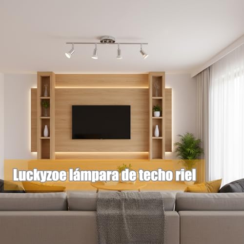 Luckyzoe Iluminación de Riel Led de 4 Luces, iluminación puntual de techo, cabezal de luz giratorio flexible, lampara de riel, 4 luz (GU10), Sin foco, Cromo