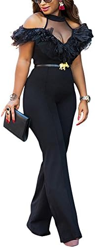 Metup Women Halter Neck Patchwork Ruffle Wide Leg Long Pants Party Jumpsuits Romper Clubwear