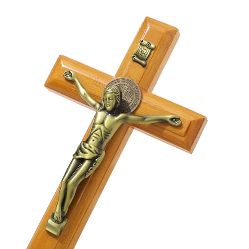KOMI 10 Inch Crucifix Wall Cross, Handmade Jesus Christ Wooden Cross Catholic Crucifix for Home Wall Decor Religious Gifts
