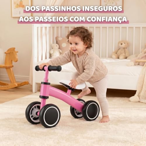 Bicicleta de Equilíbrio Infantil sem Pedal Rosa 4 Rodas para Coordenação Motora, Equilíbrio e Primeiros Passos, Brinquedo de Passeio para Bebê com Desenvolvimento Motor, Segurança e Conforto