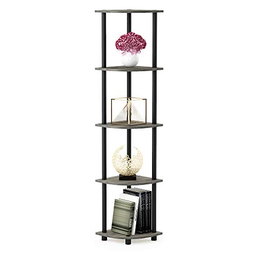 Furinno Turn-N-Tube Toolless Assembly Corner Shelf, 5-Tier Grey Corner Bookshelf, Open Storage Shelves, for Organization and Storage, Living Room, Home Office, Bedroom, Grey Oak