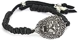 Ettika Men's Black Adjustable Leather Bracelet Silver Lionhead Charm